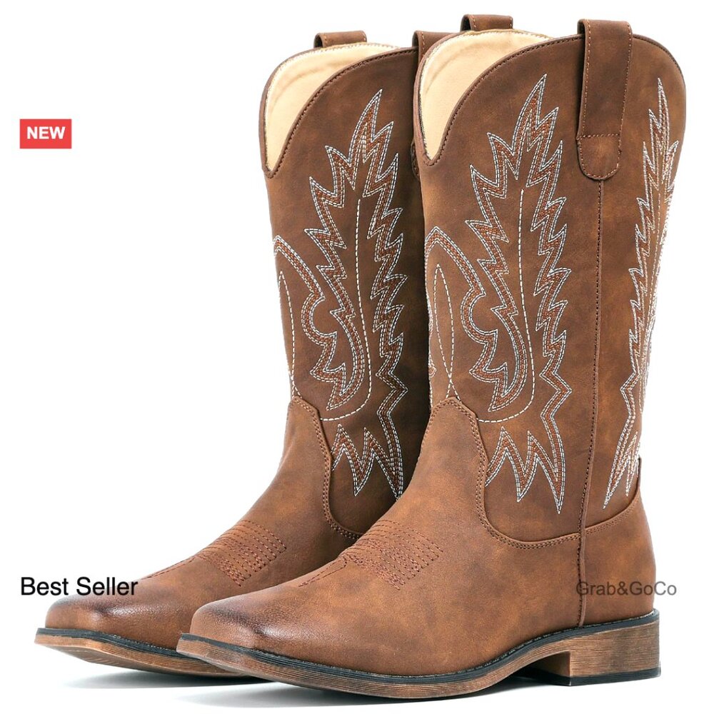 Square Toe Cowboy Boots Embroidered Western Pull On Mid Calf Retro Chic
